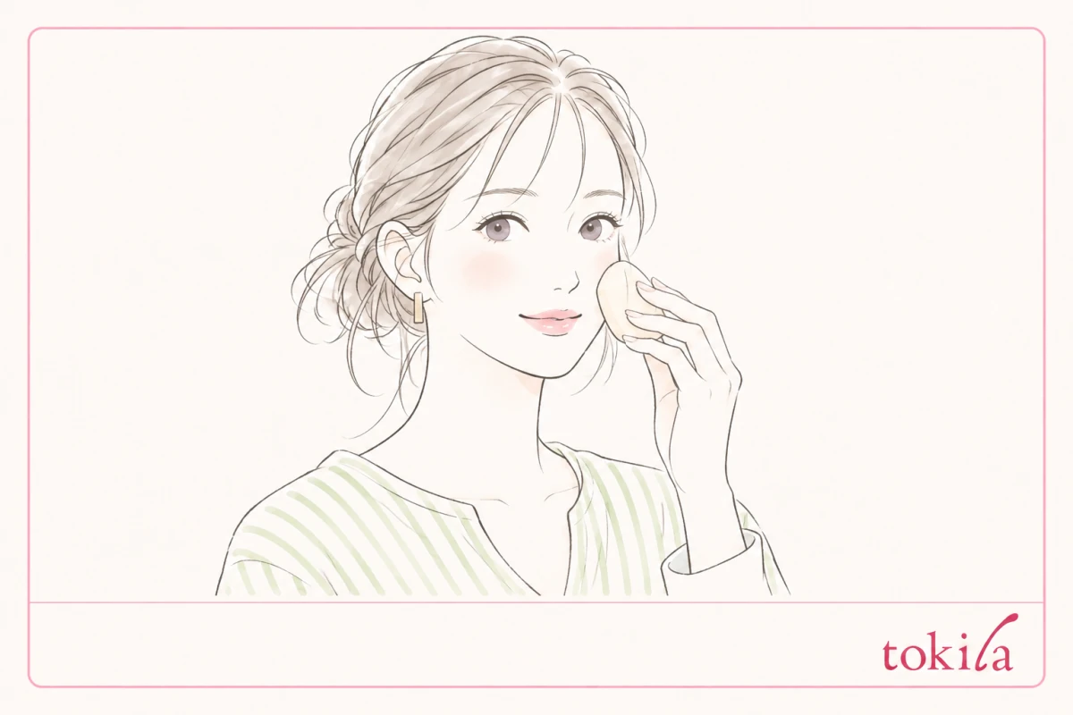 スポンジで頬のベースをなじませる女性