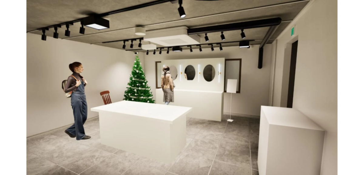 モダンなインテリアデザインの店内で、クリスマスツリーが飾られ、数人の人物モデルが配置されています。壁には鏡と照明が備え付けられたディスプレイエリアがあり、中央には白いカウンターが置かれています。