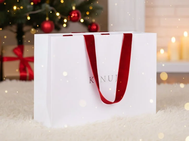 白いショッピングバッグが白いふわふわのラグの上に置かれ、背景にはクリスマスの飾り付けがされたツリーとキャンドルが見えます