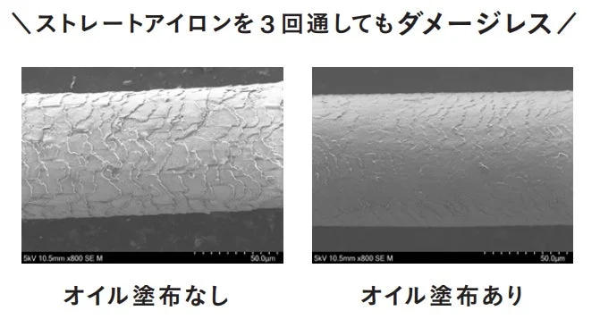 ストレートアイロンを3回通した髪の毛の表面を電子顕微鏡で比較した画像
