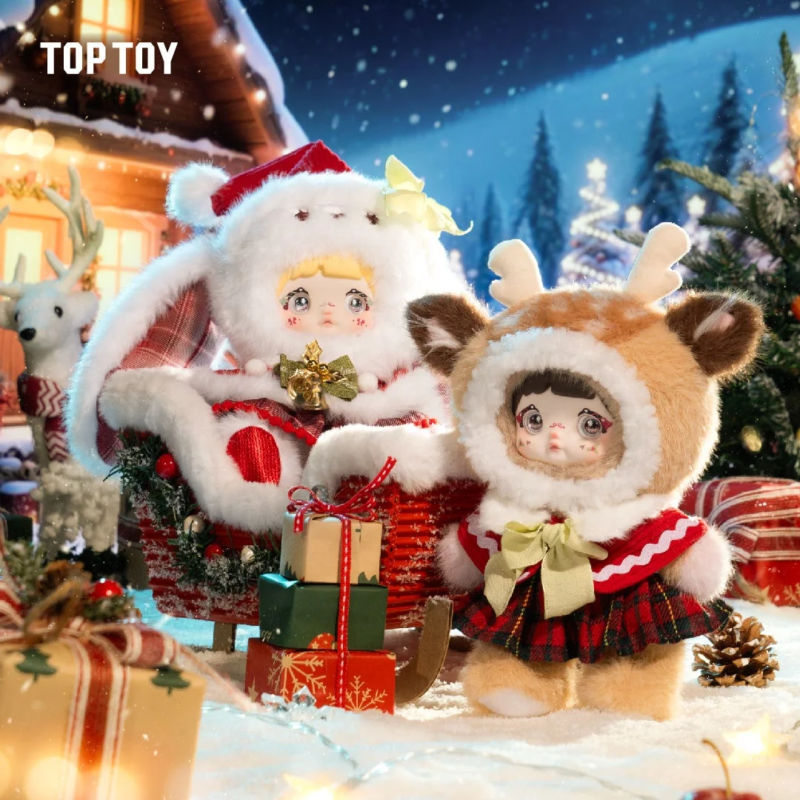 雪が降るクリスマスの夜、ウサギのサンタとトナカイの衣装を着た可愛らしい人形