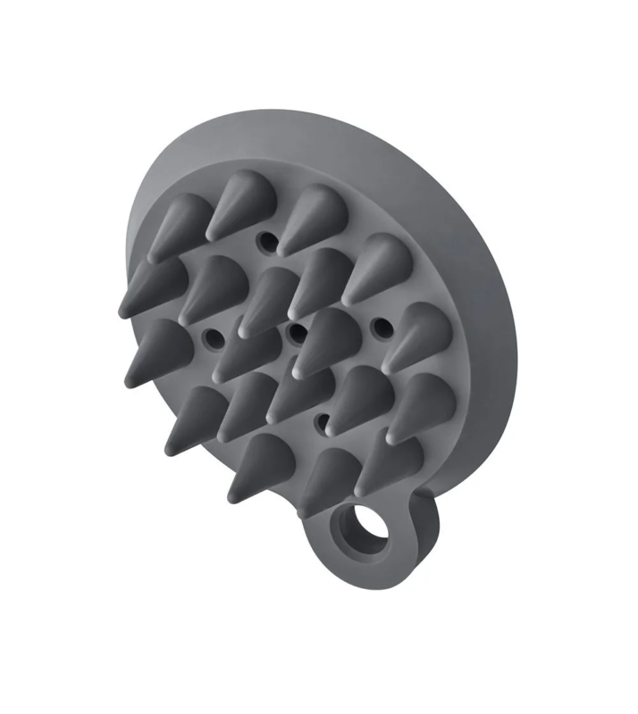 多数の円錐状の突起が付いた灰色のシリコン製スカルプマッサージャー