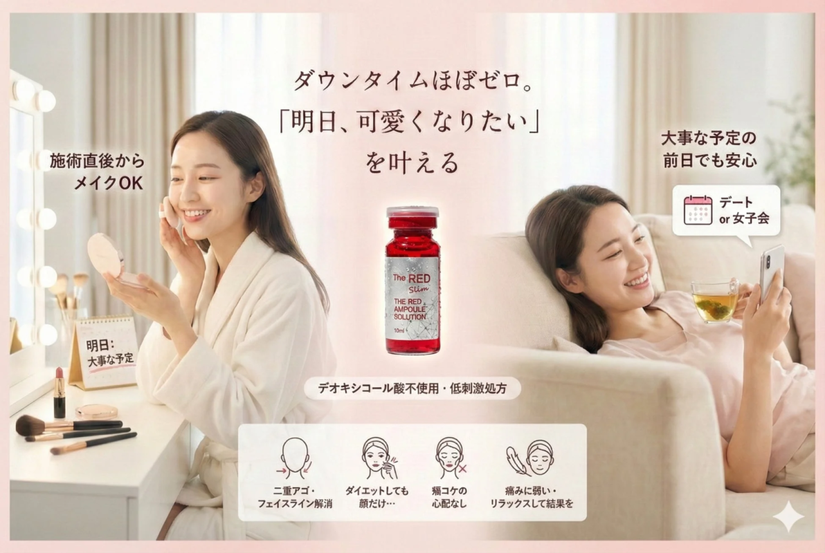 「The RED Slim」美容液の広告。ダウンタイムほぼゼロで施術直後からメイク可能