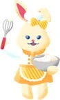 泡立て器とボウルを持った、エプロン姿の可愛らしいウサギのキャラクターのイラスト