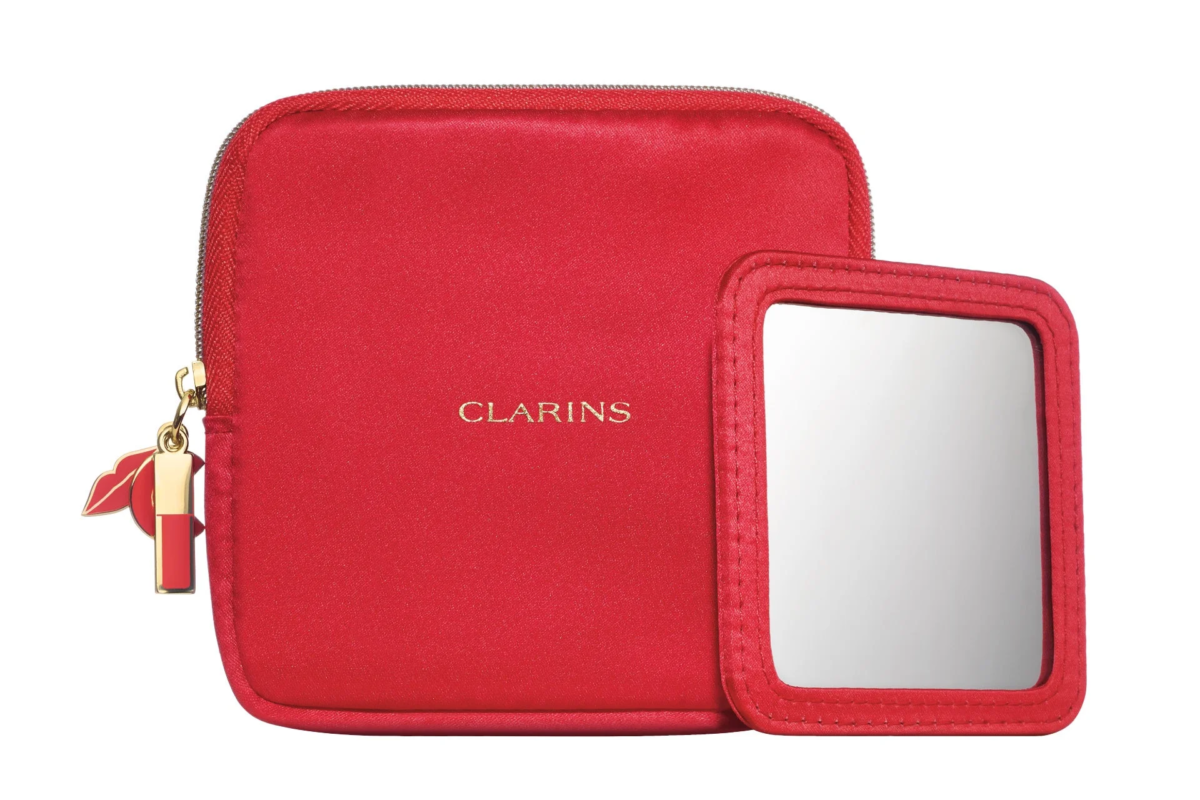 Clarins red makeup pouch with mirror