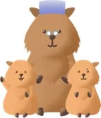帽子とメガネをかけた大きなカピバラと、その両脇にいる2匹の小さなカピバラが描かれた可愛らしいイラスト