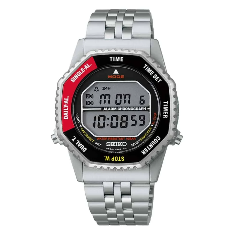 シルバーのステンレススチール製バンドと八角形のケースが特徴のSEIKO製デジタル腕時計