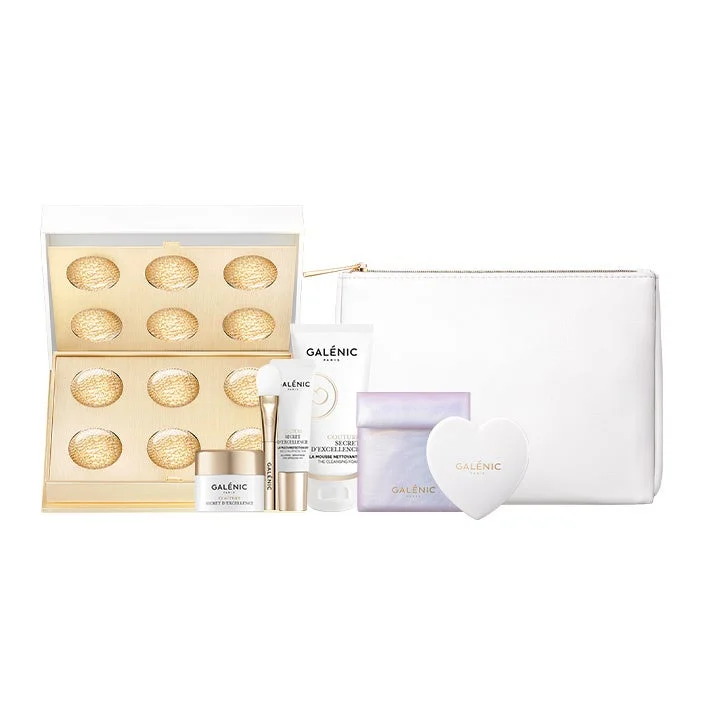 ガレニックパリのスキンケア製品セットが写っています。クリーム、クレンジングフォーム、美容液、コンパクト、化粧ポーチなどが含まれており、豪華なギフトセットのようです。