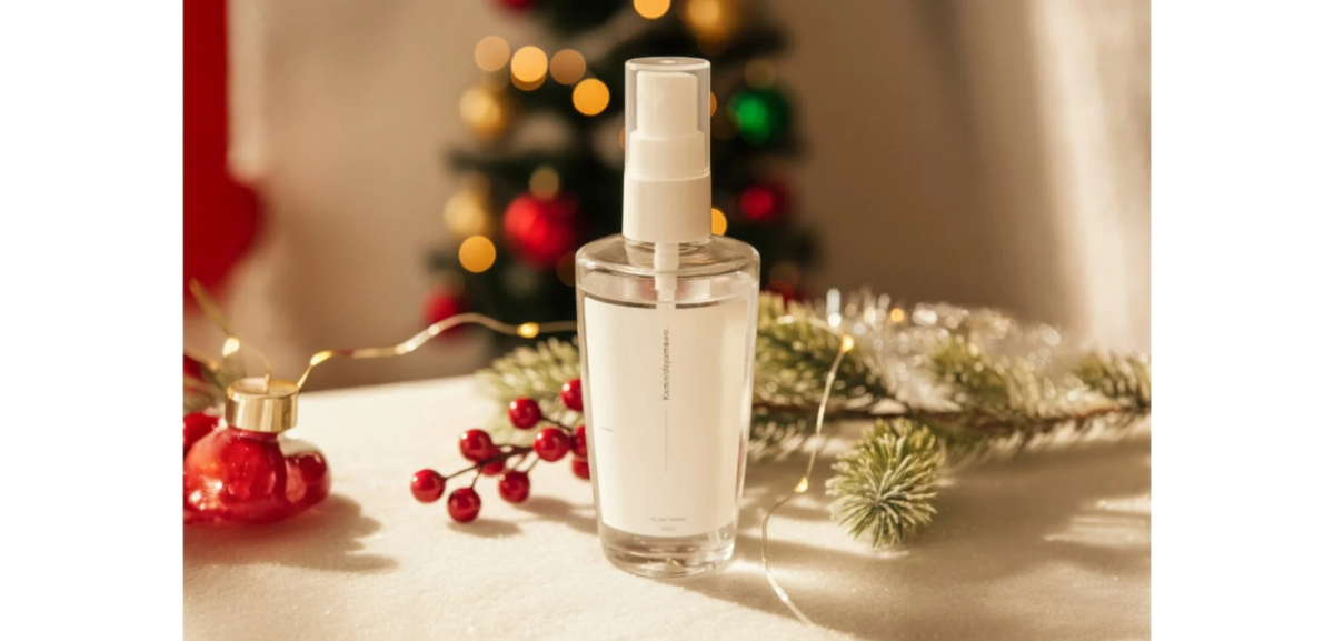 クリスマスツリーを背景に、白いスプレーボトルが赤い実や松の枝、イルミネーションと共に飾られた冬のホリデーシーンです。商品が際立つように配置されており、温かみのある雰囲気です。