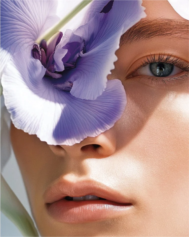 紫色の花と女性の顔のクローズアップ