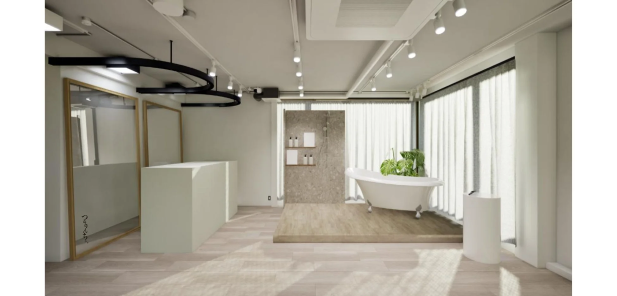 モダンで洗練されたデザインのバスルームまたはショールームの内部。白いバスタブとシャワーエリアが特徴的で、大きな窓から自然光が差し込み、明るく開放的な空間を演出しています。