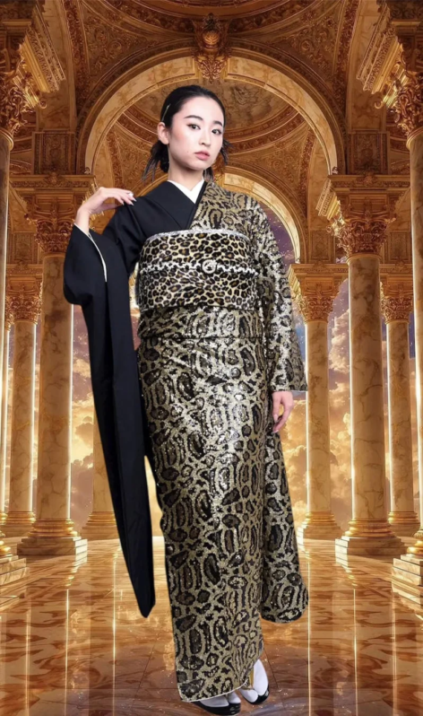 金色のスパンコールとヒョウ柄が特徴的な着物を着た女性
