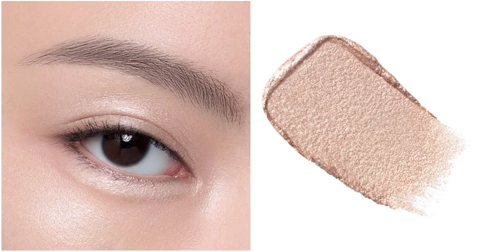 女性の目元のクローズアップときらめくベージュ系のコスメのスウォッチ