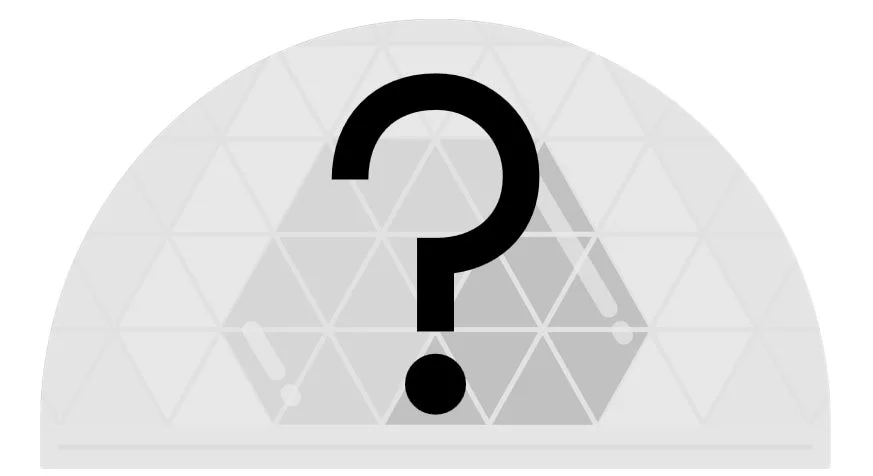 灰色の幾何学模様の半円の上に大きな黒い疑問符