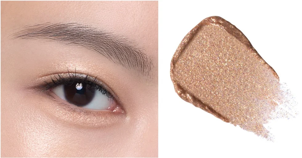 きらめくゴールデンブラウンのアイシャドウを塗布した目元とスウォッチ