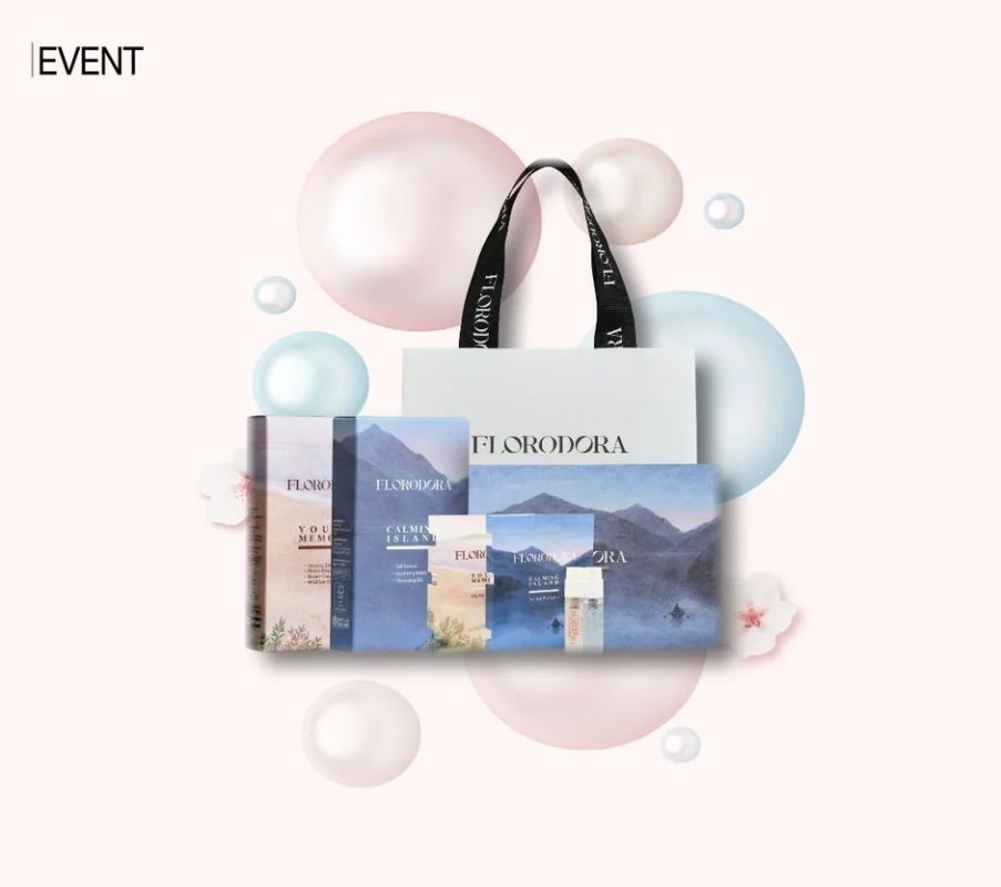 FLORODORAのスキンケア製品が白いショッピングバッグ、パール、桜の花びらと共に配置されています