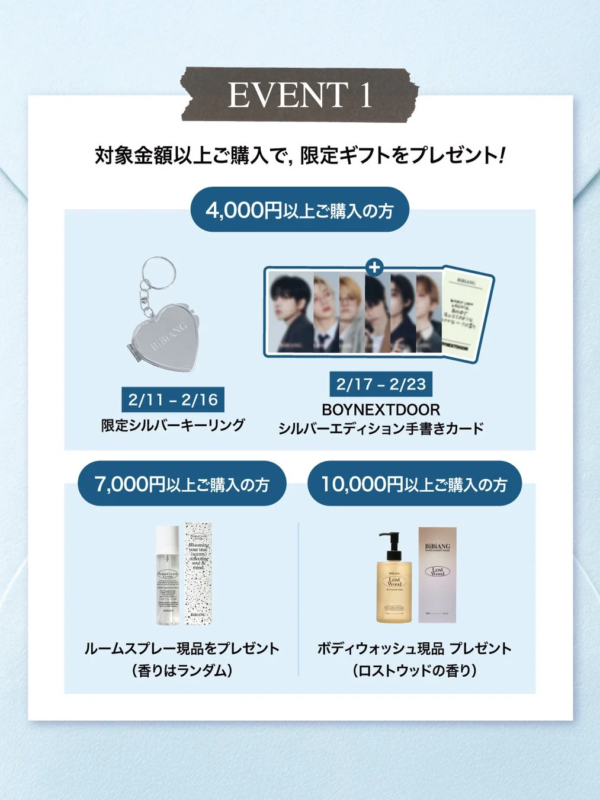 対象金額以上の購入で限定ギフトがもらえる「EVENT 1」の告知画像