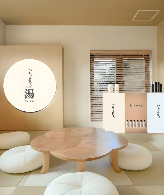 和風でミニマリストな空間に、花の形をした木製ローテーブルと白い座布団が配置されています。