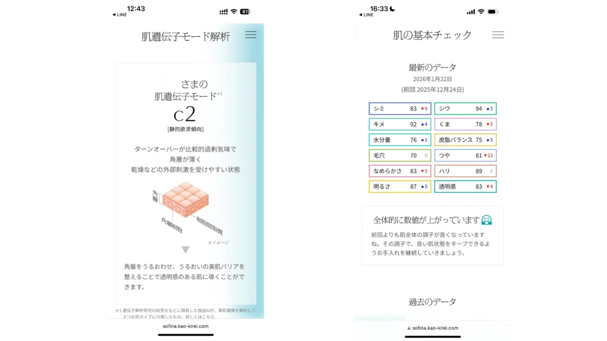 肌遺伝子モード解析結果と肌の基本チェック画面