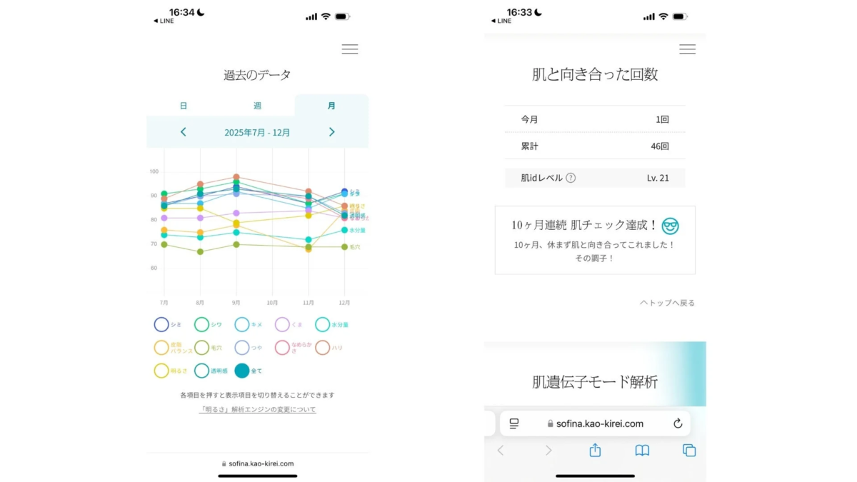 過去の肌データと肌チェックの履歴画面
