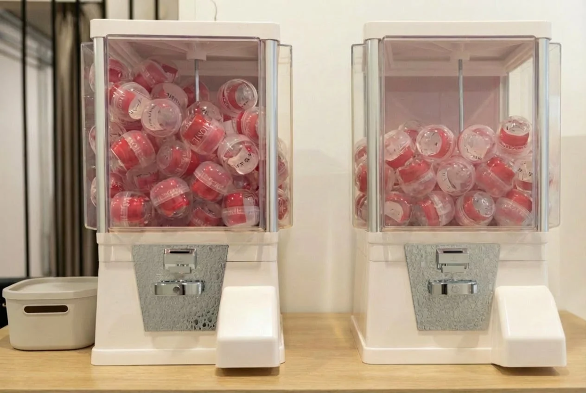 白いガチャガチャが2台並び、赤と透明のカプセルで満たされています。