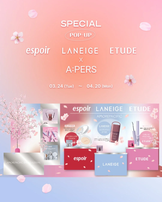 桜が舞う中、espoir、LANEIGE、ETUDE、A:PERSのアモーレパシフィックブランド合同ポップアップイベントを告知する画像です。3月24日から4月20日までの開催で、各ブランドの人気化粧品が紹介されています。