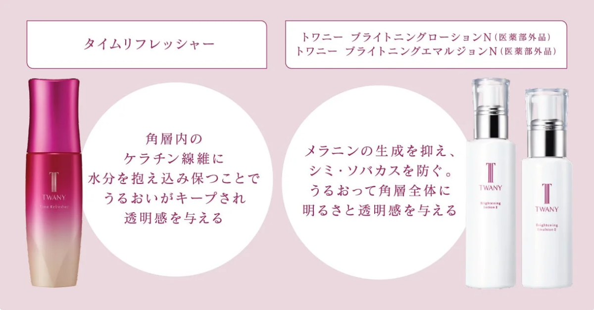 トワニーのスキンケア製品「タイムリフレッシャー」と「ブライトニングローションN」「ブライトニングエマルジョンN」