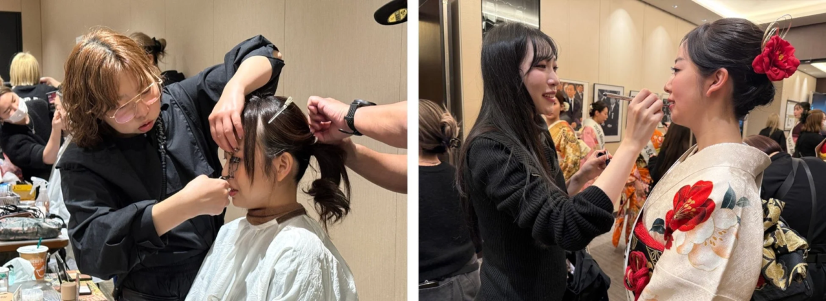 イベントの舞台裏で、女性たちがヘアメイクや着付けを行っている様子。