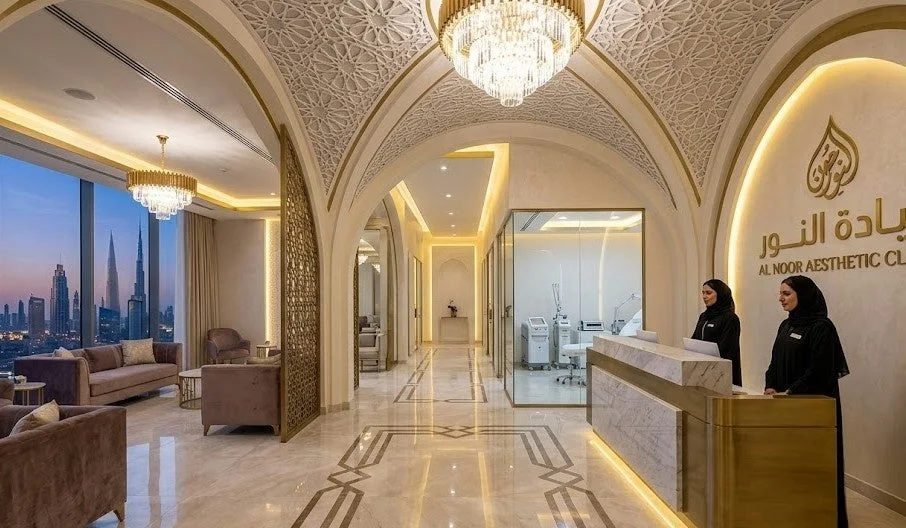 ドバイの夜景が見える高級美容クリニックの受付と待合室