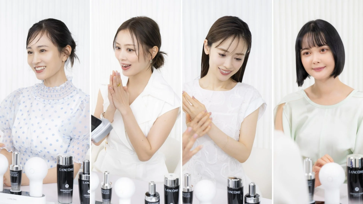 ランコムのスキンケア製品を囲んで笑顔を見せる4人の日本人女性の様子