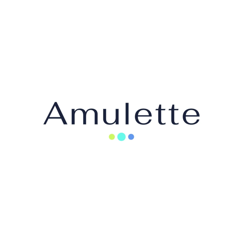白い背景に「Amulette」という文字が中央に配置されたロゴ画像です。文字の下には水色、黄緑、青の3つの点が並んでおり、シンプルでモダンな印象を与えます。