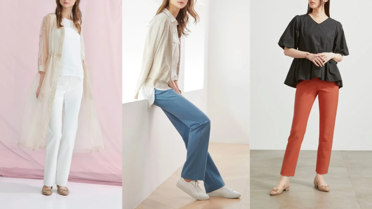 3人の女性がパンツスタイルを披露する画像