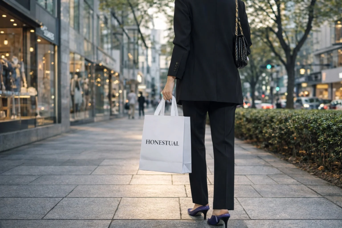 HONESTUALのショッピングバッグを持つ女性