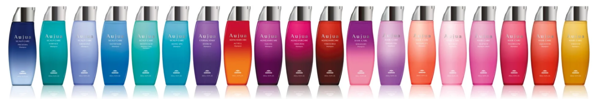 Aujuaのシャンプー18種類が並ぶ商品ラインナップ