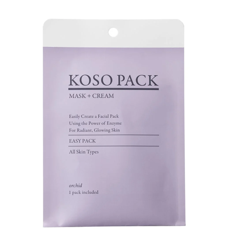 酵素の力で輝く肌へと導くフェイスパック「KOSO PACK」の個包装です。マスクとクリームがセットになっており、手軽にスペシャルケアができます。全肌質対応。
