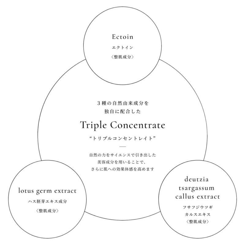 「トリプルコンセントレイト」という製品が、3種の自然由来の整肌成分(エクトイン、ハス胚芽エキス、フサフジウツギカルスエキス)を独自配合し、肌への効果を高めることを説明しています。
