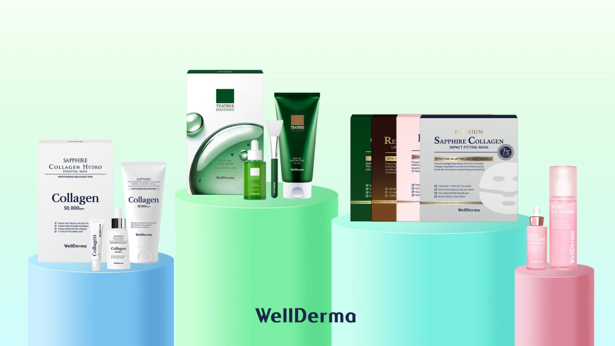 WellDermaの様々なスキンケア製品が展示されています。