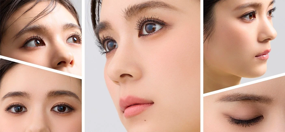 女性の顔のクローズアップを複数枚組み合わせた画像で、特に目元、長く整えられたまつげ、眉毛、鼻、唇が強調されており、美容やメイクアップの美しさを表現しています。