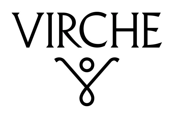 白地に黒いセリフ体で「VIRCHE」という文字と、その下に両腕を広げたような人型のシンボルが描かれたロゴデザインです。
