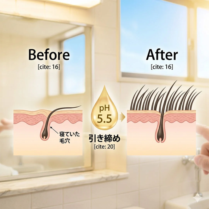 pH 5.5の製品を使用することで、寝ていた毛穴が引き締められ、多くの健康な髪が生えている状態に変化する様子を示すBefore/Afterの比較画像