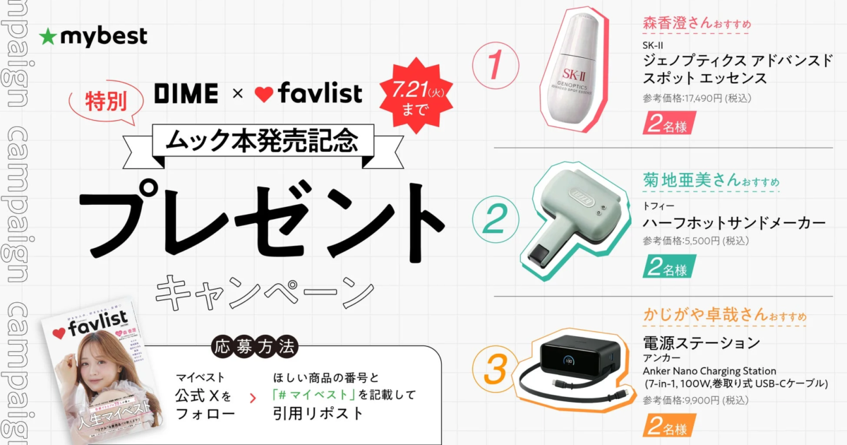 DIMEとfavlistのムック本発売を記念したプレゼントキャンペーンの告知画像です。SK-IIの美容液、トフィーのホットサンドメーカー、Ankerの電源ステーションが抽選で当たります。応募は7月21日までで、マイベスト公式Xをフォローし、引用リポストすることで参加できます。