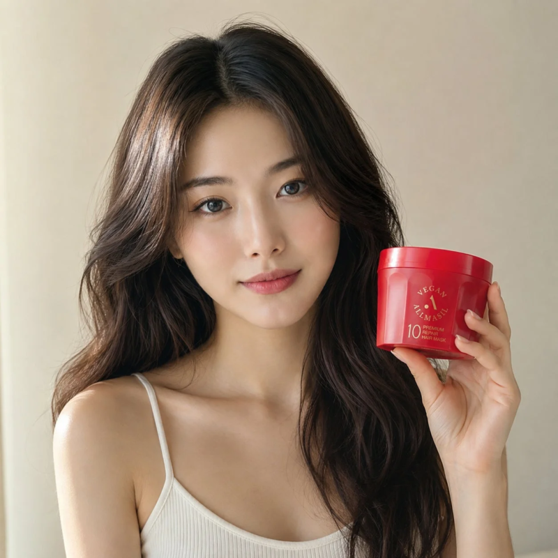 女性がヘアマスクを持つ画像