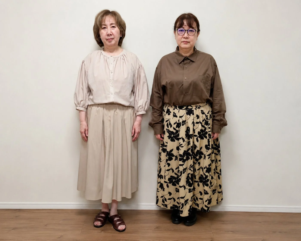 カジュアルな服装の女性が二人並んで立っています。
