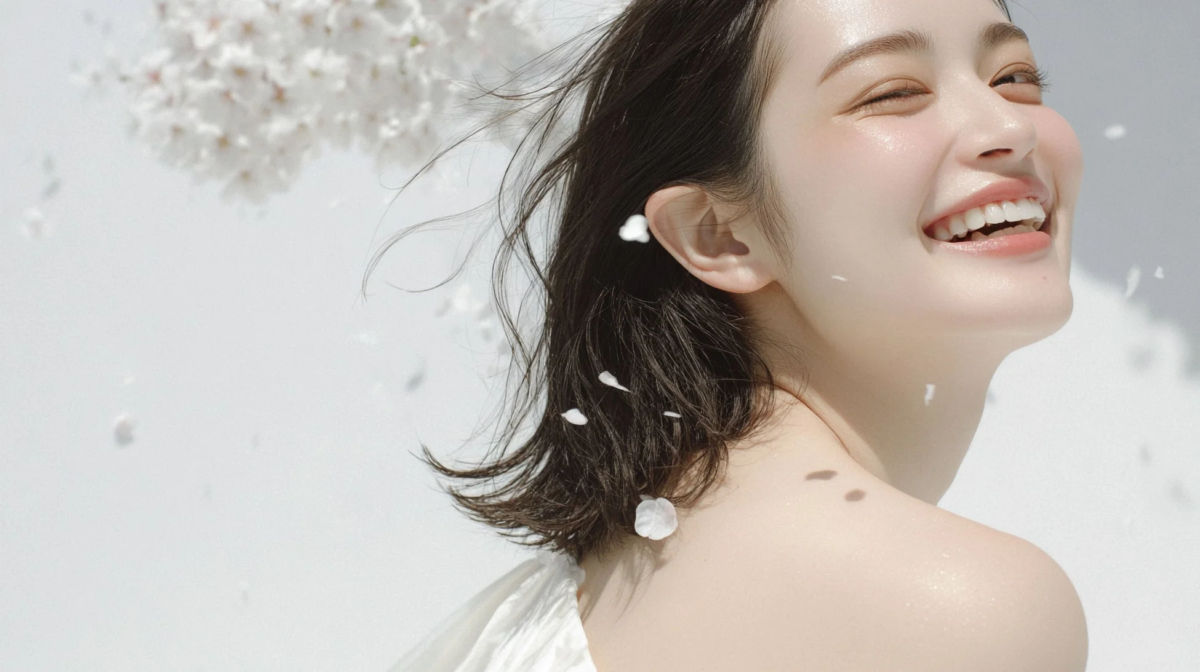 桜が舞う中で笑顔を見せる女性