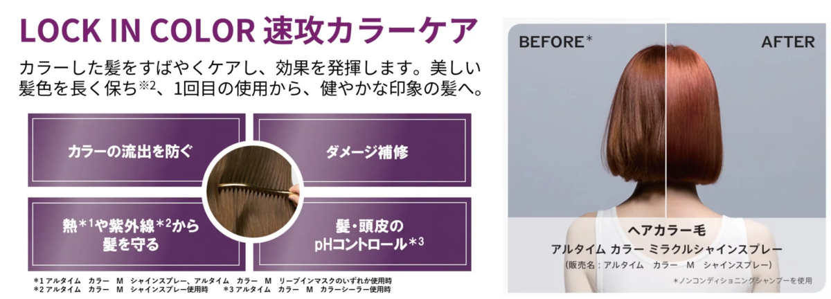 カラーリングした髪を速攻でケアし、美しい髪色を長く保つ製品の広告です。カラー流出防止、ダメージ補修、熱・紫外線からの保護、pHコントロールの4つの効果で、1回目の使用から健やかな髪へと導きます。