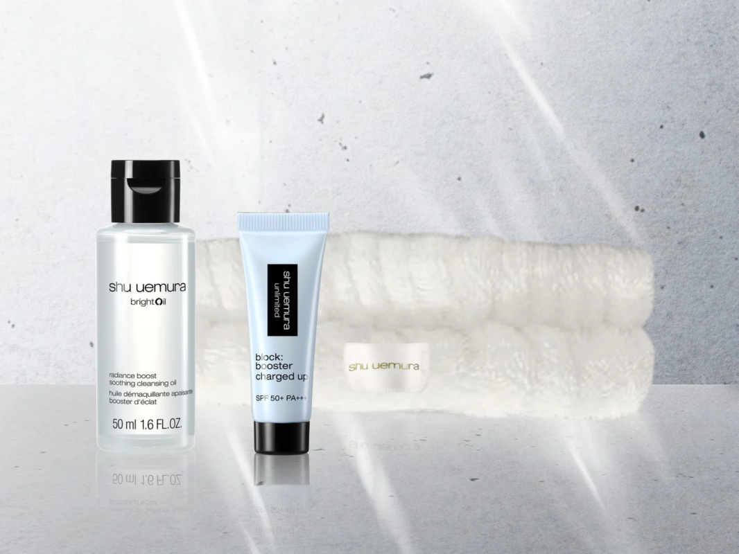 Product photo showing three shu uemura cosmetics side by side