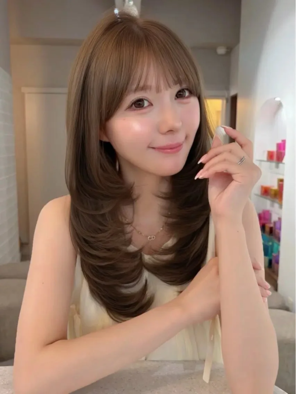 茶色のレイヤーカットロングヘアと前髪が特徴の女性