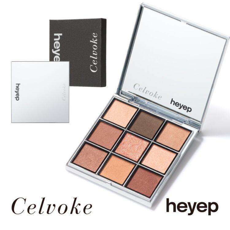 エクスプレッシヴ アイズ EX08の9色パレットと、Celvoke×heyepのパッケージ