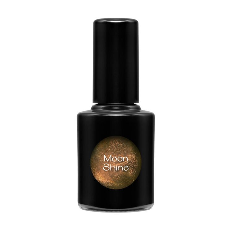 黒いボトルに茶色の丸いラベルが付いた、uka top coat Moon Shine