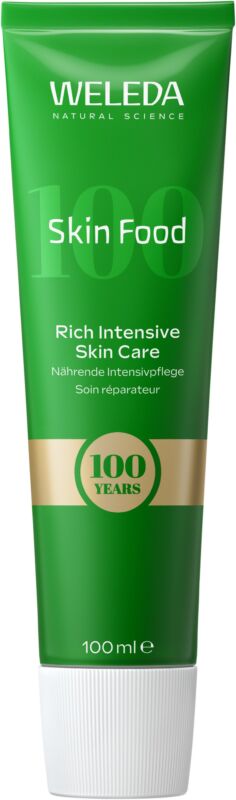 緑のチューブに「100 YEARS」の金色の帯が入った、ヴェレダ スキンフード 100周年記念版 100mL